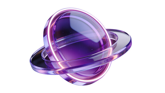 3D glass purple saturn planet icon, glossy translucent cosmic space element isolated on white background