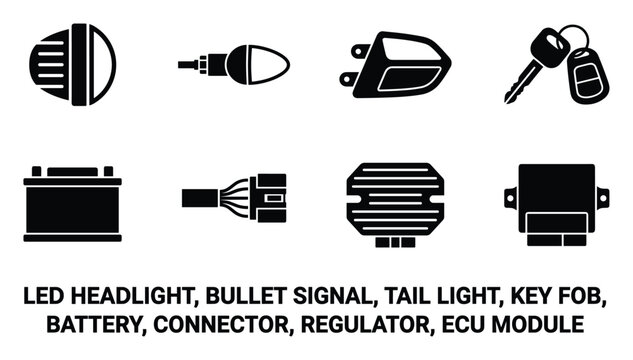 Motorcycle electrical parts set including headlight tail light signal key fob battery connector regulator ecu.