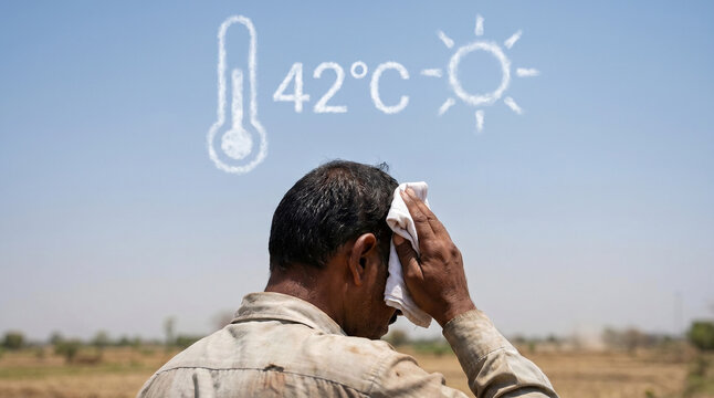 Indian man wiping sweat in extreme summer heat, concept of climate change crisis and global warming heatwave in India