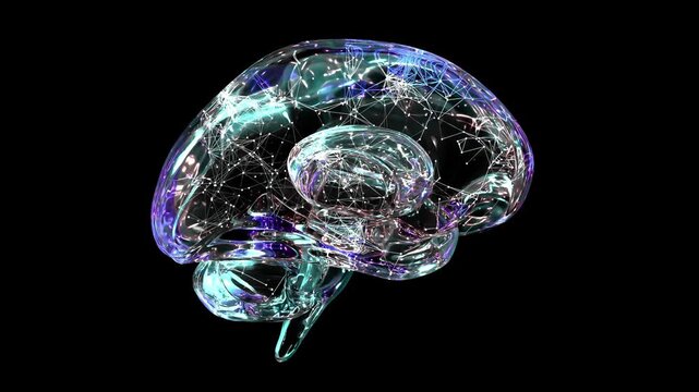 Brain digital color. Neuron connections or Communication nerve cells. Futuristic medical technology concept. Black and green screen background. Animation Seamless loop, 3D Render.