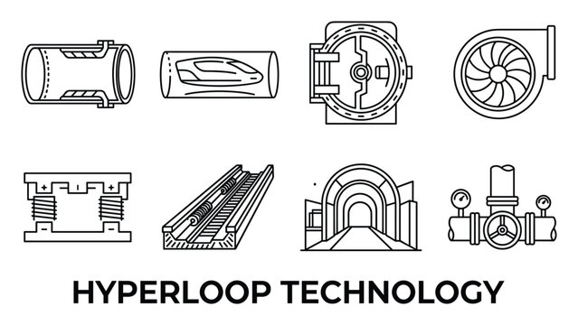 Set of linear outline icon illustrations depicting futuristic hyperloop technology and infrastructure.
