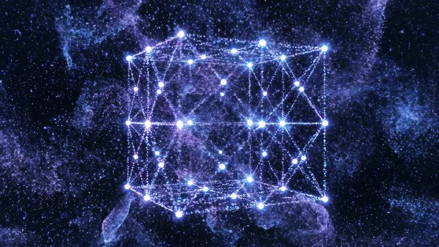 Abstract glowing geometric shapes and particles in deep space