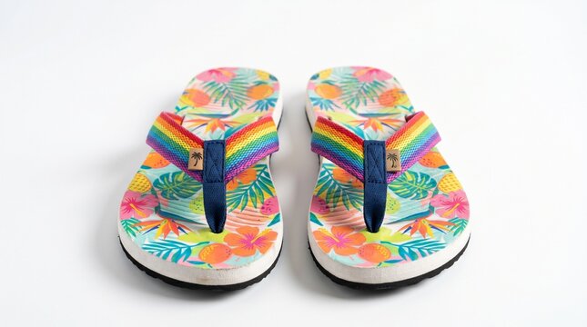 colorful flip flops pair isolated on clean white background, casual summer footwear concept representing beach vacation and relaxation, perfect for travel and stock photography use