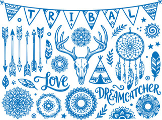 Tribal Boho Vector Illustration Elements Deer Skull Dreamcatcher Arrows © Prosun Design