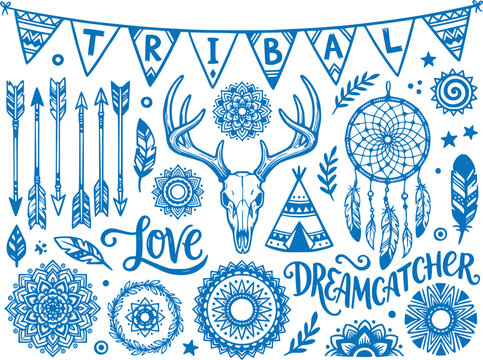 Tribal Boho Vector Illustration Elements Deer Skull Dreamcatcher Arrows