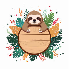 Fototapeta premium Cute Sloth with Tropical Leaves and Wooden Sign