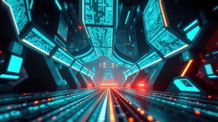 Fototapeta premium Futuristic corridor. Bright neon lights illuminate sleek metallic surfaces. Perspective creates depth, hinting at vastness. Complex circuitry visible.