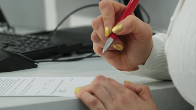 Woman hands sign agreement as sits at office desk closeup. Female customer accepts contract with business partners in agency slow motion