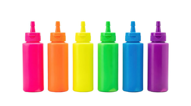 Row of colorful plastic squeeze bottles with nozzle caps on white background