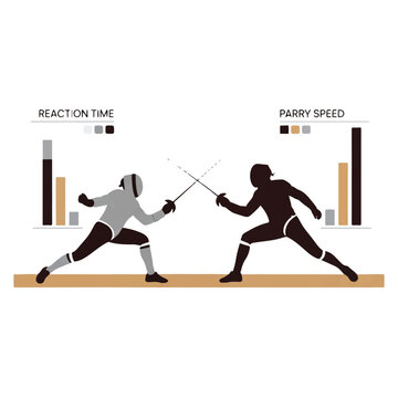 A flat vector illustration of two fencers in silhouette with reaction time bar charts and parry speed indicators. Subject: fencing duel analytics. Lighting: flat studio lighting. Mood: elegant