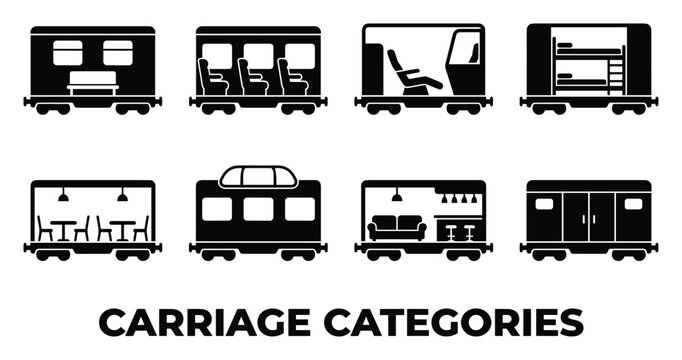 Black silhouette icons of train carriage interior types for travel and accommodation concept.
