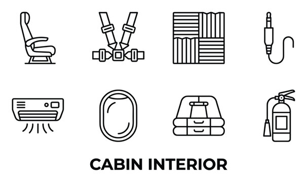 Cabin interior outline icons set featuring airplane seats safety belts soundproofing panels intercom headsets vents windows rafts and fire extinguisher.
