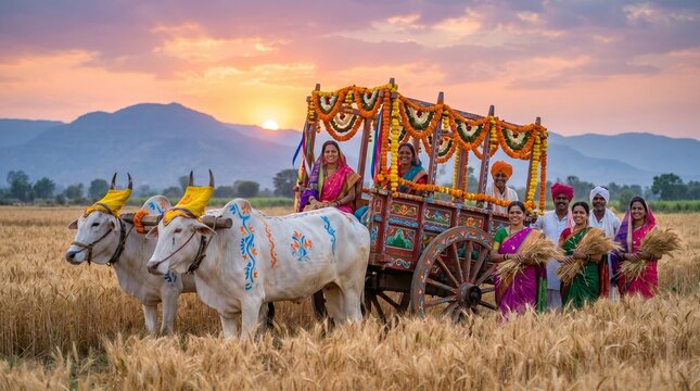 Traditional Indian Bullock Cart and Farmers During Kharchi Puja