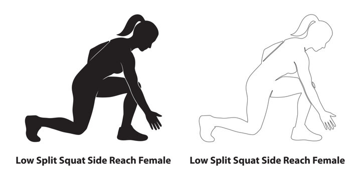 Low Split Squat Side Reach Female Silhouette and Outline Diagram for Women Leg Workout Strength Training Flexibility Exercise and Calisthenics Guide