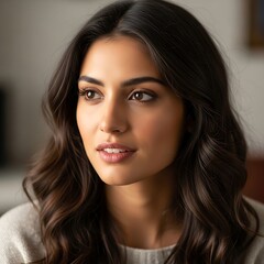 Naklejka premium A thoughtful portrait features a woman with flowing dark brown hair. She gazes off-camera, bathed in soft, natural light. Close-up composition