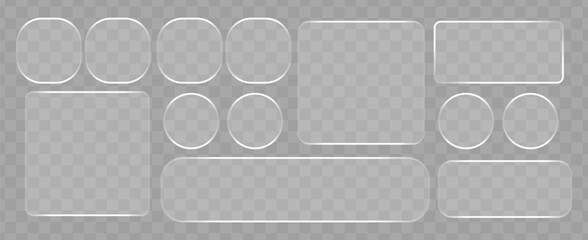 Liquid glass frames and buttons set isolated on transparent background. Vector realistic illustration of glass morphism text boxes, menu windows, search bars, website or mobile app ui design elements © Top