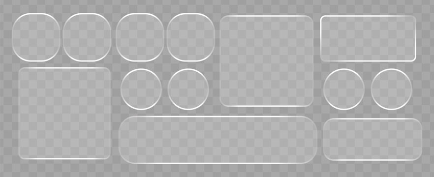 Liquid glass frames and buttons set isolated on transparent background. Vector realistic illustration of glass morphism text boxes, menu windows, search bars, website or mobile app ui design elements