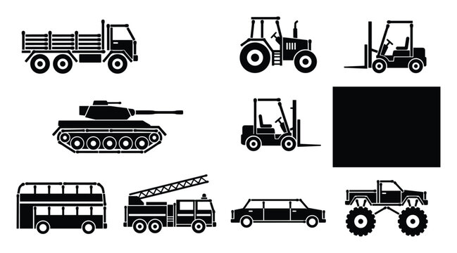 Diverse vehicle types collection including truck tractor forklift tank bus fire truck limo and monster truck.