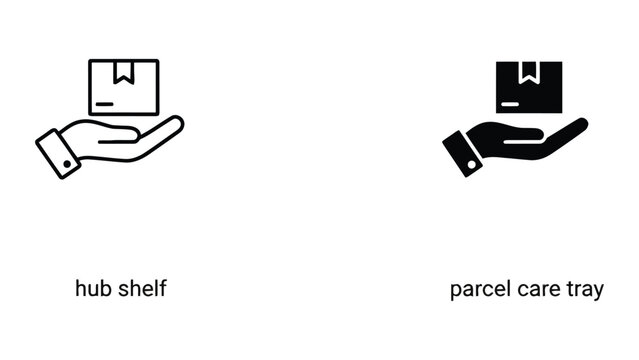 Vector icons of hub shelf and parcel care tray with hands holding packages