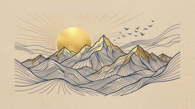 Sunrise over majestic mountains with birds flying freely in the sky