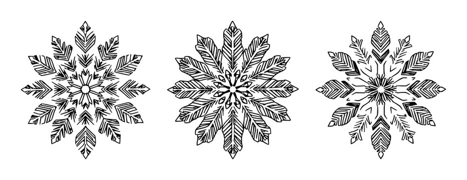 Snowflake set with fine line art depicting fractal geometric patterns and high-detail crystal structure featuring snowflake, fractal, geometry with line art and white background