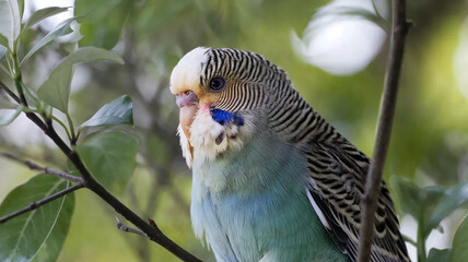 Close-up portrait of colorful budgerigar perched among natural branches with soft green background, detailed tropical bird wildlife scene. © AI illustration 