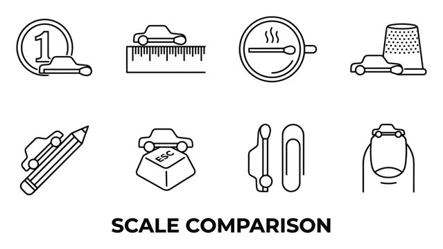Scale comparison icons with car and different objects for size reference and measurement concept.
