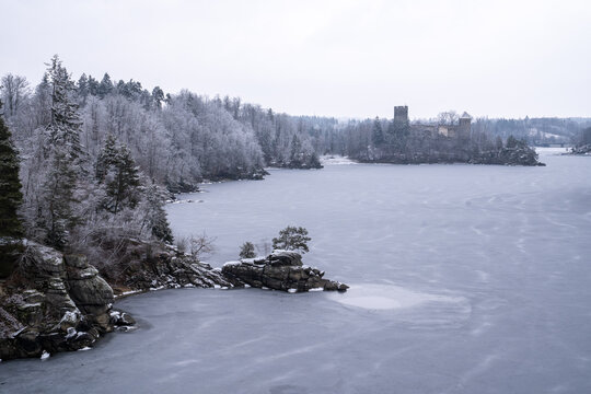 Ruins of Lichtenfels Castle on Frozen Lake Ottenstein in Winter