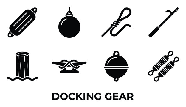 Set of nautical docking equipment and marine mooring accessories for boat and ship docking procedures.