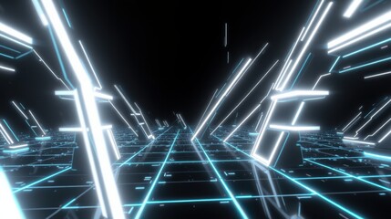Fototapeta premium Futuristic digital landscape. Glowing lines create tunnel effect, dark background emphasizes bright geometry. Abstract, vibrant, immersive scene.