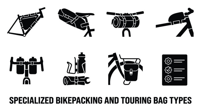 Specialized bikepacking and touring bag types with solid black icons custom frame large saddle handlebar.