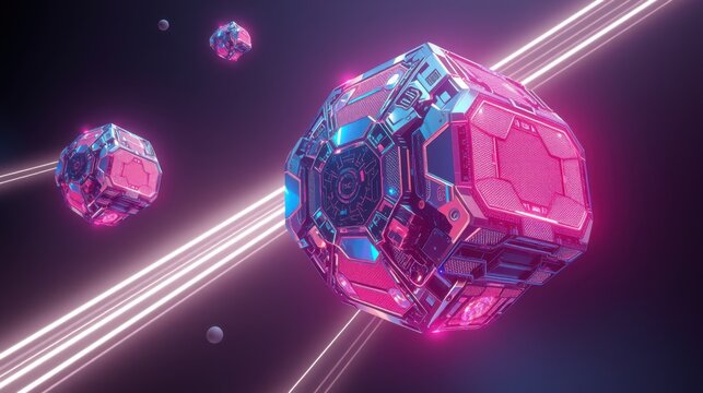 Futuristic polyhedral objects float amid bright streaks, distant planets visible. Neon illumination highlights complex geometric designs.