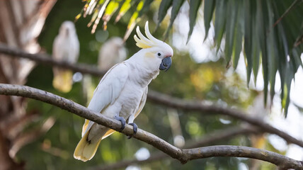 Beautiful sulfur-crested cockatoo perched on tropical tree branch with lush green foliage and soft natural background, exotic wildlife bird portrait. © AI illustration 