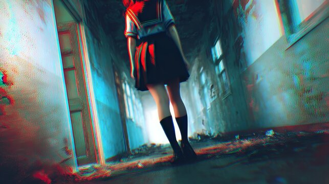 Creepy anime girl in school uniform standing in haunted deserted school, dark eerie atmosphere, dramatic lighting, horror manga style, animated wallpaper