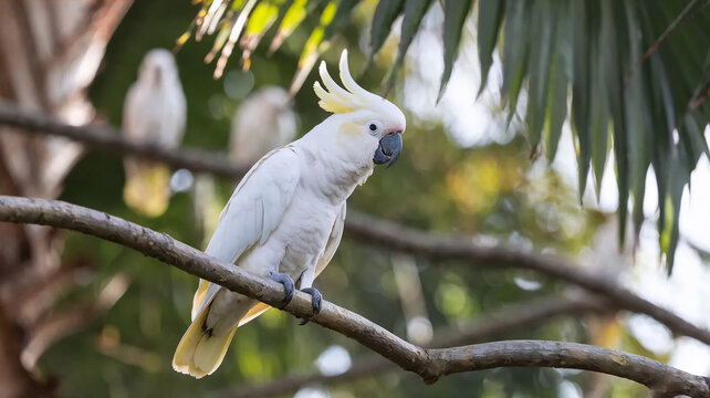 Beautiful sulfur-crested cockatoo perched on tropical tree branch with lush green foliage and soft natural background, exotic wildlife bird portrait.