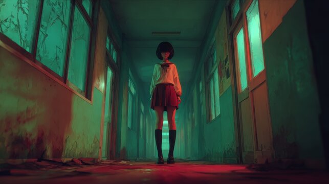 Creepy anime girl in school uniform standing in haunted deserted school, dark eerie atmosphere, dramatic lighting, horror manga style, animated wallpaper