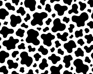 Fototapeta premium Black and white cowhide animal print pattern with irregular spots for seamless textile fabric and abstract background 
