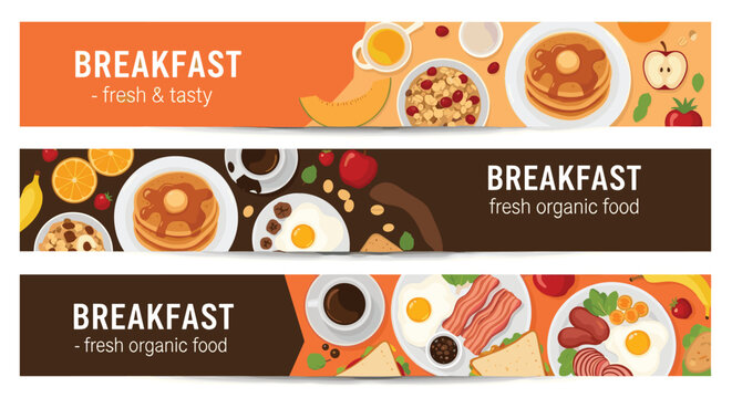 Three horizontal banners showcasing top-view illustrations of various breakfast items like pancakes, eggs, bacon, coffee, and fruit.