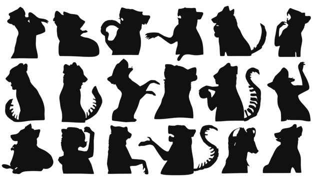 Fox silhouettes perform various anthropomorphic gestures and seated poses in this expressive collection of stylized animal icons designed for storytelling and creative branding projects.