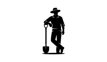 Farmer standing with a shovel silhouette, agricultural worker leaning on garden tool vector. © MstNadiya