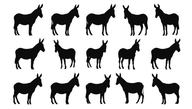 Donkey silhouettes are arranged in a grid pattern to showcase various standing poses and profiles for graphic design projects that require repetitive animal icons on a clean white background.