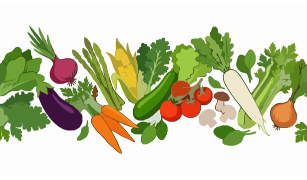 Assorted organic fresh vegetables border layout. Healthy vegan food, tomatoes, radish, cucumber, and greens vector banner isolated on white.