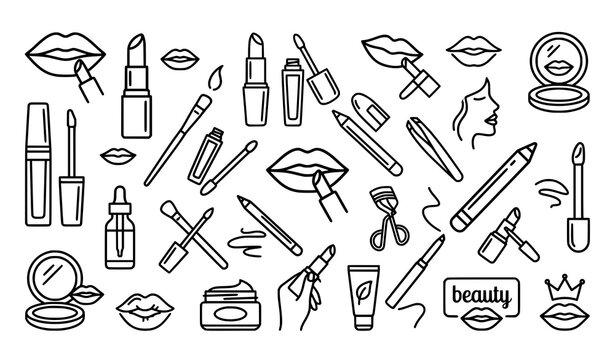 Creative beauty makeup, skincare cosmetics, and fashion accessories doodle pattern. Trendy girl power style line art vector illustration.