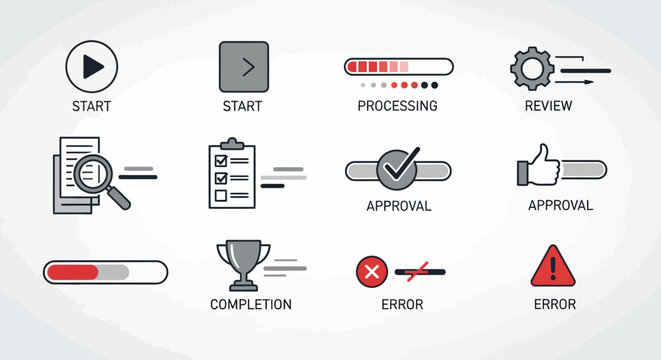 Collection of various business process workflow icons.