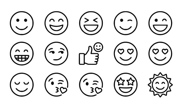 Cute emoji line art collection, minimalist vector smiley faces icons set.