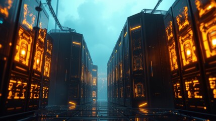 Obraz premium Futuristic server room. Rows servers glow orange, blue light illuminates sleek metallic structures. Dark, dramatic perspective.