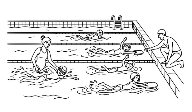 People swimming in a pool line art, indoor or outdoor swimming pool activities illustration.