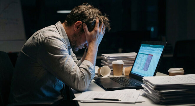 Frustrated businessman holding his head in his hands while looking at a laptop screen in a dark office representing stress and failure