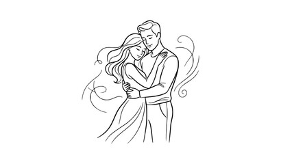 Obraz premium Sketchy style romantic couple embracing, beautiful wedding or engagement line art illustration.