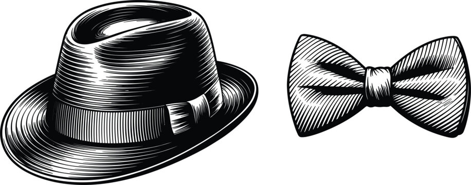 Vintage gentleman accessories engraving illustration with classic fedora hat and bow tie vector isolated elegant design artwork
